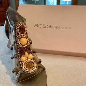 BCBGeneration Gold Embellished Strappy Sandal 7M / 37 NWT